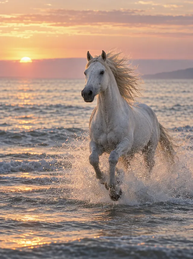 A white horse galloping through shallow sea water at sunrise, made with Wan 3.0