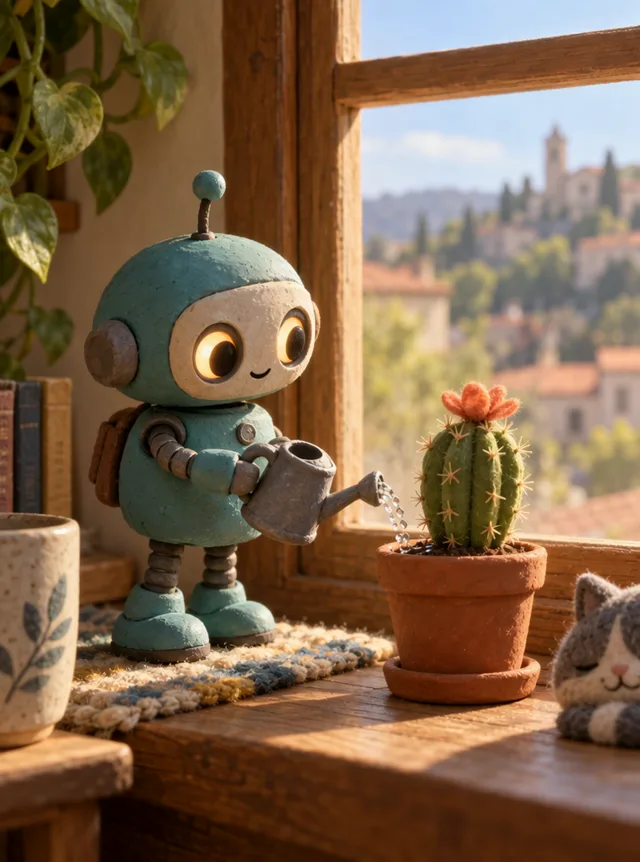 A small clay robot watering a cactus that blooms, made with Wan 3.0