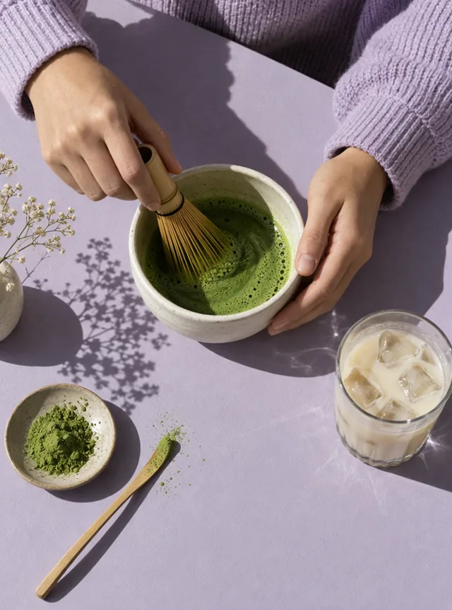 Hands whisking matcha and pouring it over iced oat milk, made with Wan 3.0