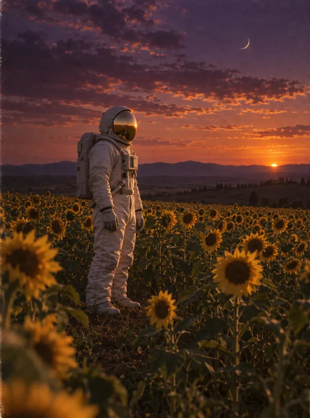 An astronaut standing in a sunflower field at dusk, made with Wan 3.0