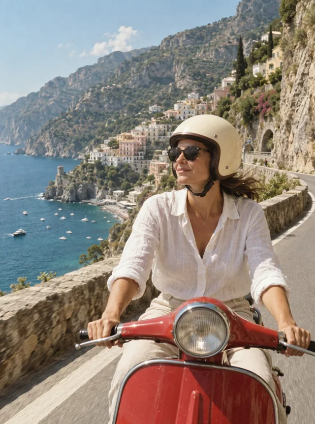 A woman riding a red scooter along a cliffside coastal road, made with Wan 3.0