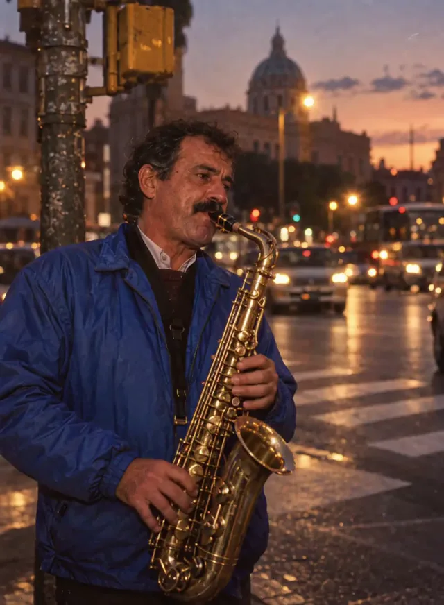 A man in a blue windbreaker playing saxophone at a city crossing, made with MiniMax H3