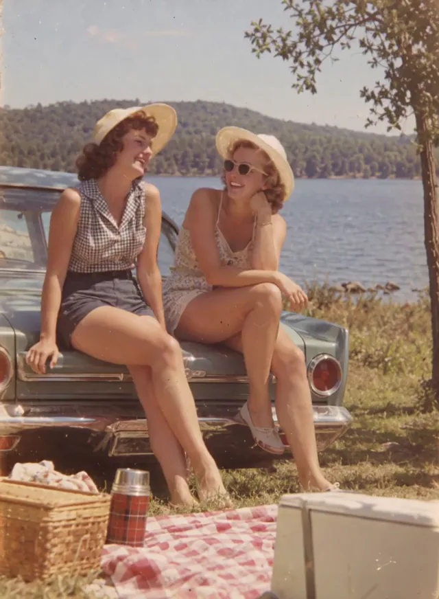 A faded 1960s photo of two friends at a picnic coming to life, made with MiniMax H3