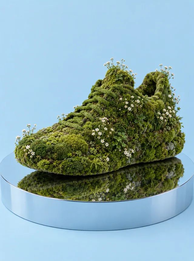A sneaker made of moss and white flowers on a mirrored plinth