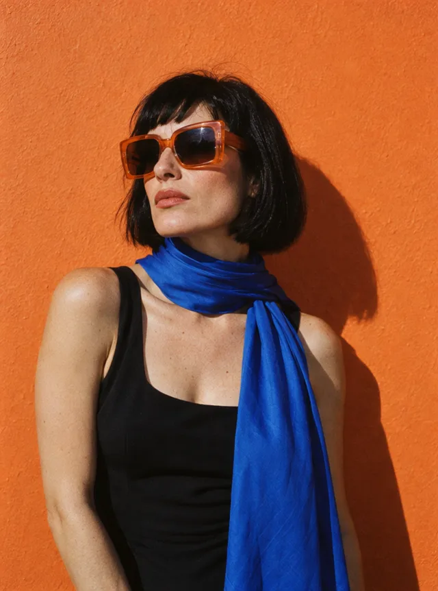 A woman in tangerine sunglasses with a blue silk scarf blowing in the wind, made with Wan 3.0