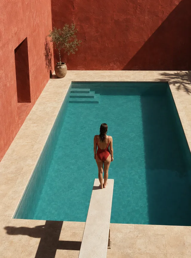 A swimmer diving into a turquoise pool in a red courtyard, made with Wan 3.0
