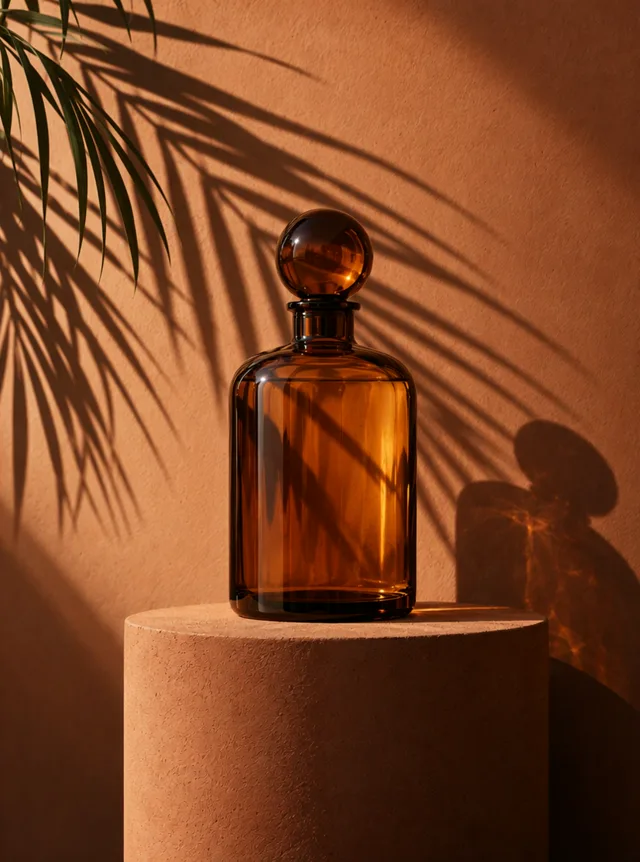 An amber bottle with a palm-leaf shadow swaying across it, made with Wan 3.0