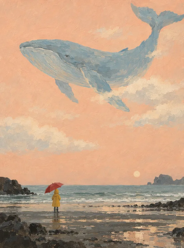 A gouache whale swimming through the sky above a figure with a red umbrella, made with Wan 3.0