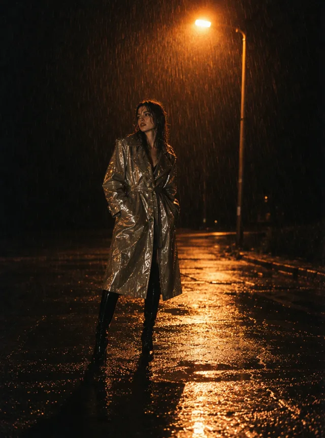 A woman in a silver raincoat under a streetlight in the rain, made with Wan 3.0