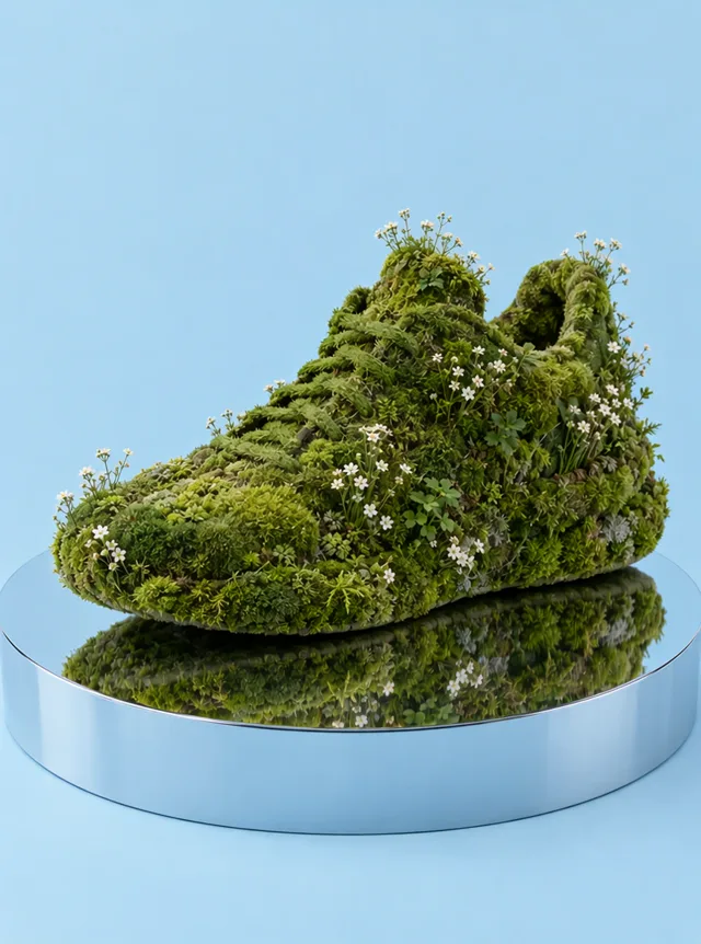 A sneaker made of moss and flowers turning on a plinth, made with Wan 3.0