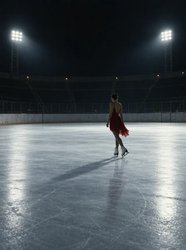 A figure skater gliding and spinning alone on a floodlit ice rink, made with Wan 3.0