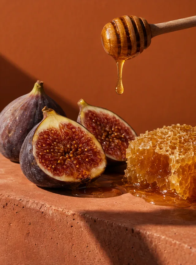 Honey dripping onto split figs and honeycomb, made with Wan 3.0