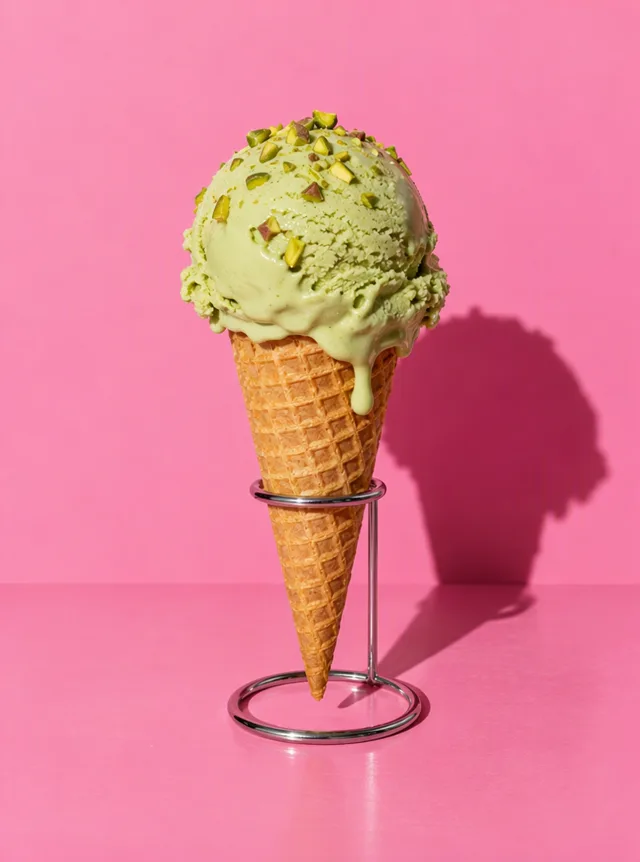 A pistachio gelato cone melting on a pink set, made with Wan 3.0