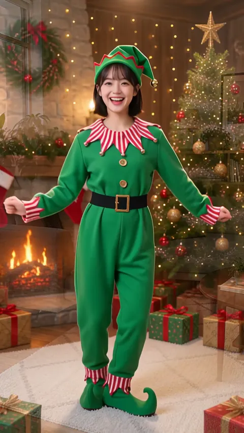 A young woman changing into a green Christmas elf costume and dancing in Santa's workshop, made with the AI Elf Dance effect