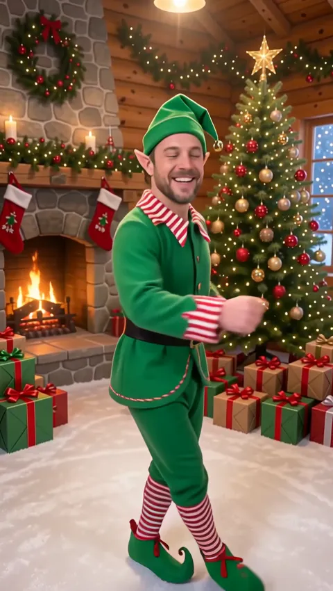 A bearded man turned into a Christmas elf dancing by a fireplace and a decorated tree, made with the AI Elf Dance effect
