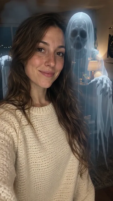 A woman smiling at the camera in her living room while a pale ghost rises behind her, made with the AI Ghost Prank effect