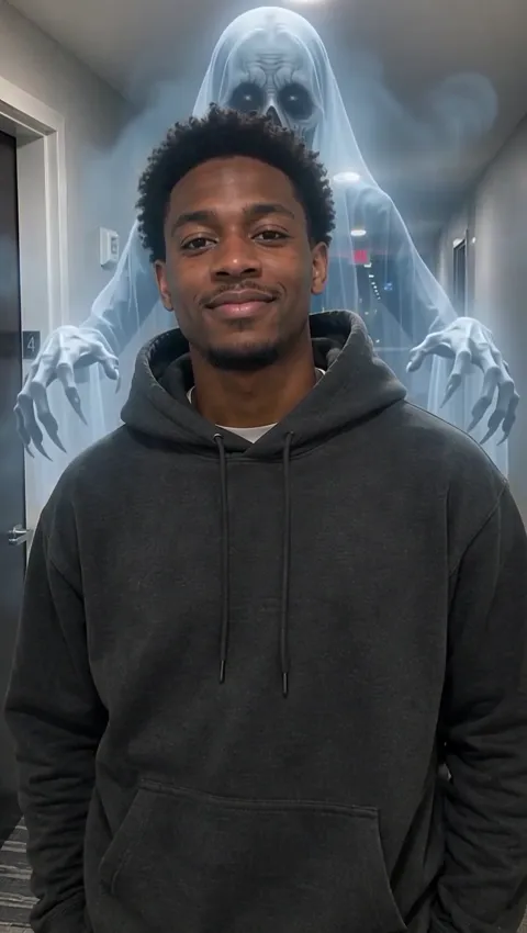 A man in a hoodie in a hallway, unaware of the ghost reaching over his shoulders, made with the AI Ghost Prank effect
