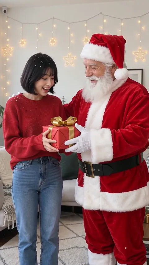 Santa Claus stepping into a living room to hand a young woman a red present, made with the AI Santa Visit effect