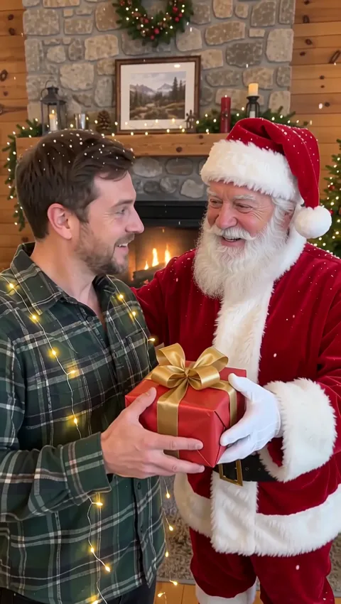 Santa Claus giving a man a wrapped gift and a thumbs-up by a cabin fireplace, made with the AI Santa Visit effect