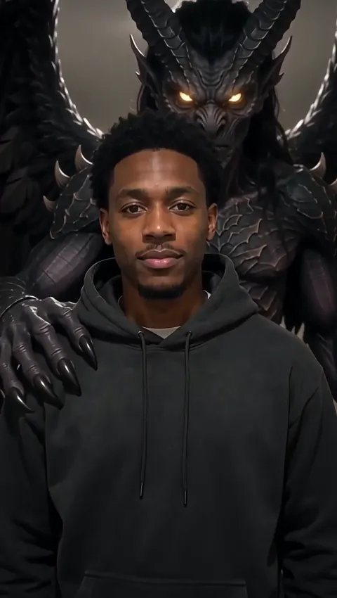 A man in a hallway summoning a horned, winged demon that rests a claw on his shoulder, made with the Summon a Demon effect