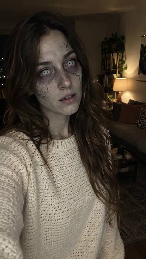 A woman in a cream sweater slowly turning into a pale zombie with milky eyes, made with the AI Zombie effect