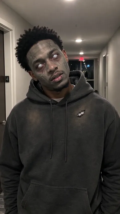 A man in a grey hoodie turning into a zombie in an apartment hallway, made with the AI Zombie effect
