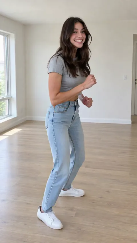 A young woman in jeans and a grey T-shirt doing the King Nasir dance in an empty living room, made with the King Nasir dance template