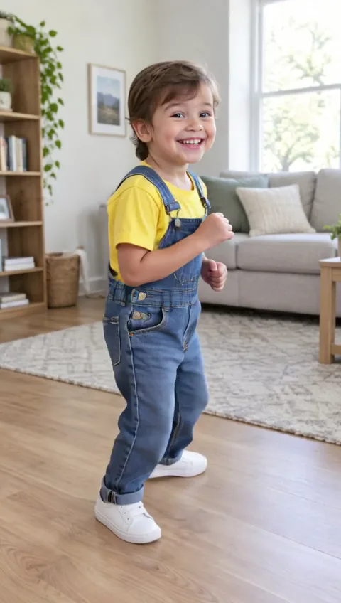 A laughing toddler in denim overalls swaying with fists at the chest, made with the King Nasir dance template