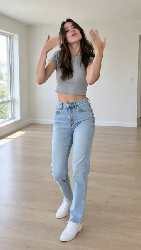 A young woman swaying her hips with her hands in her hair, made with the Coco Chanel dance template