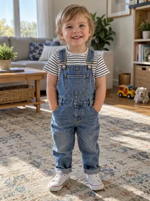 A toddler in denim overalls clapping and swaying in a living room, made with the AI Baby Dance effect