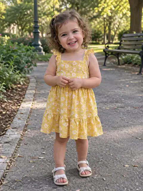 A curly-haired toddler girl in a yellow dress bouncing and clapping on a park path, made with the AI Baby Dance effect