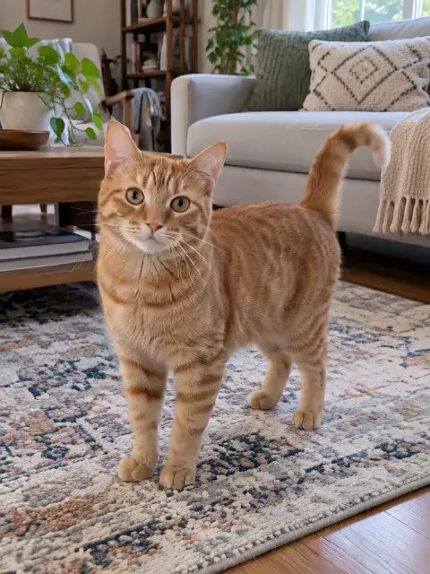 A ginger tabby cat on a living room rug standing up and dancing to the beat, made with the Cat Dancing effect