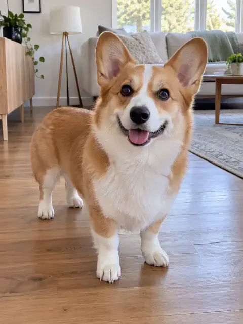 A corgi in a bright living room standing up on its hind legs and dancing, made with the Dog Dancing effect