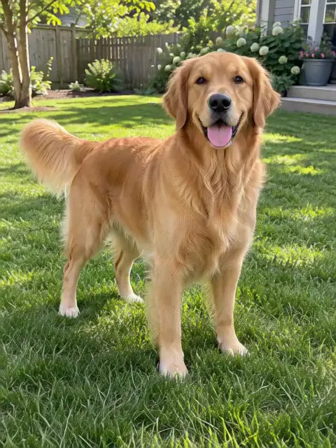 A golden retriever in a sunny backyard dancing on its hind legs and waving its paws, made with the Dog Dancing effect
