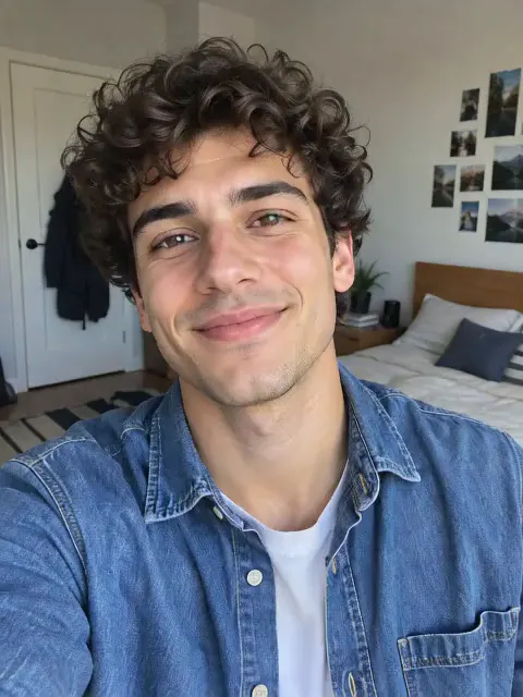 A young man with curly hair bobbing his head, raising his eyebrows and smiling in a selfie, made with the Face Dance effect