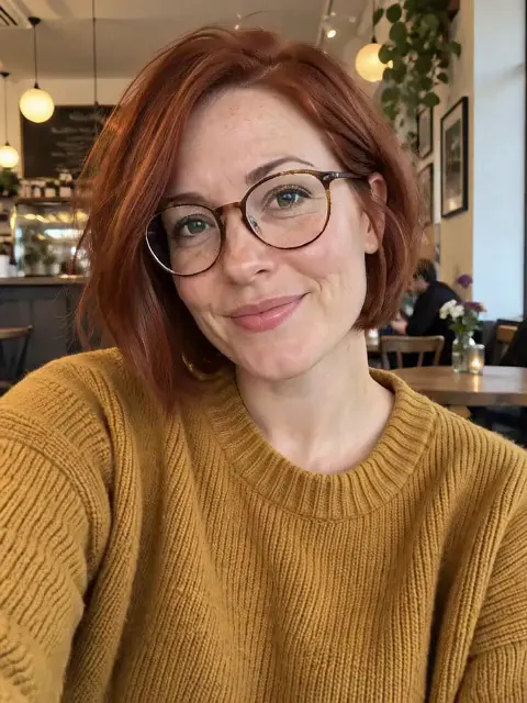 A woman with a red bob and round glasses grooving her head to the beat and laughing in a cafe, made with the Face Dance effect