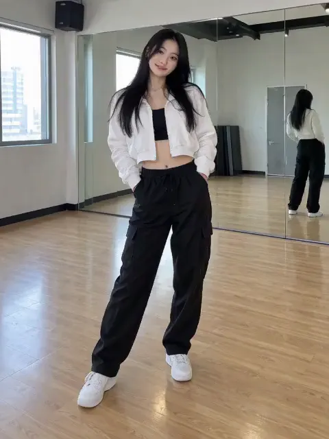 A young woman in a white cropped jacket doing a K-pop dance routine with a hair flip in a practice room, made with the K-Pop Dance effect