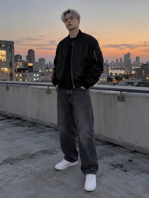 A young man with silver hair dancing a sharp K-pop routine on a rooftop at dusk, made with the K-Pop Dance effect